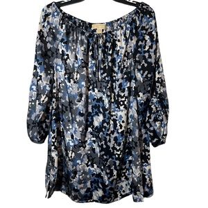 Michael Kors Blue, Black & White Printed Peasant Blouse